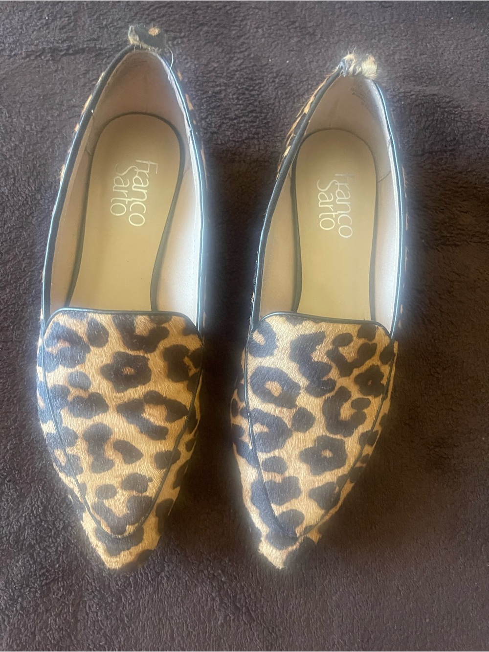 Franco Sarto Leopard-Print Pointed Toe Flats in Tan and Black